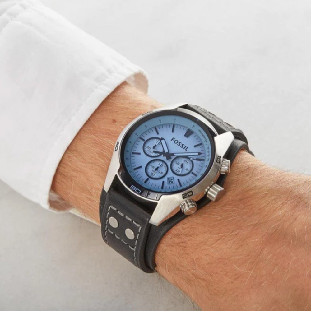 SALE !Fossil Glass Blue Men's Real Leather Watch!